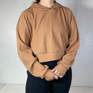 Neutral Brown Long Sleeve Hooded Cropped Ribbed Shirt
